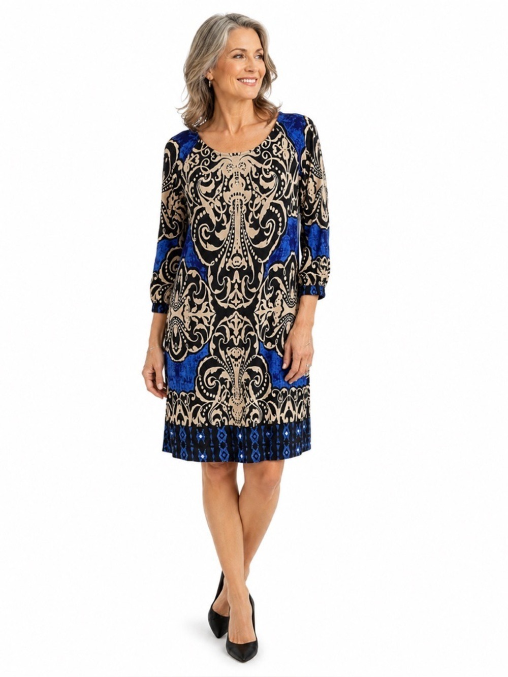 Papillon Blue Sheath Dress Stretch 3/4 Sleeve Geometric Print Knee Length Chic
